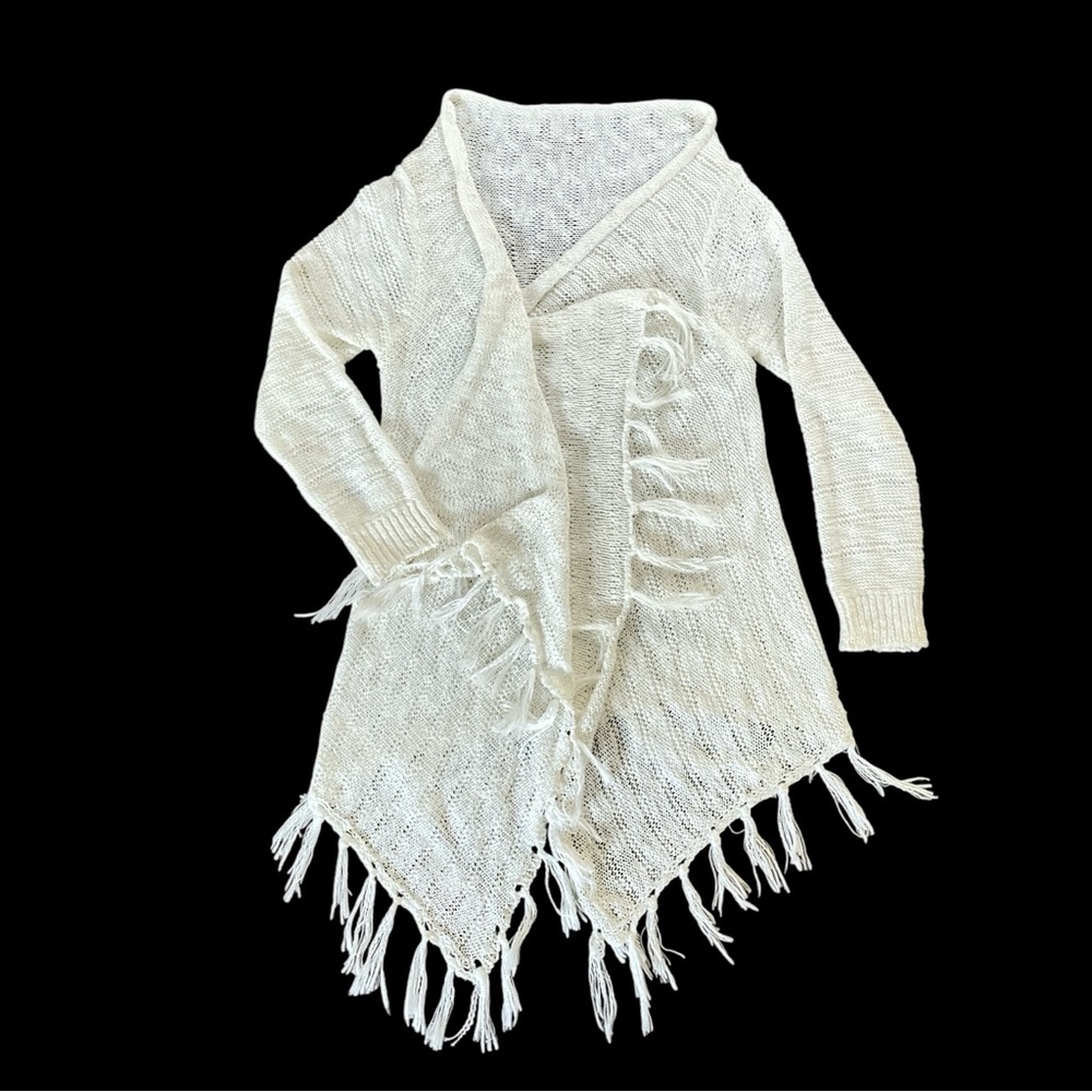 Poof Girl Cream Open-Front fringed wide knit cotton blend Cardigan Sz: L NWOT